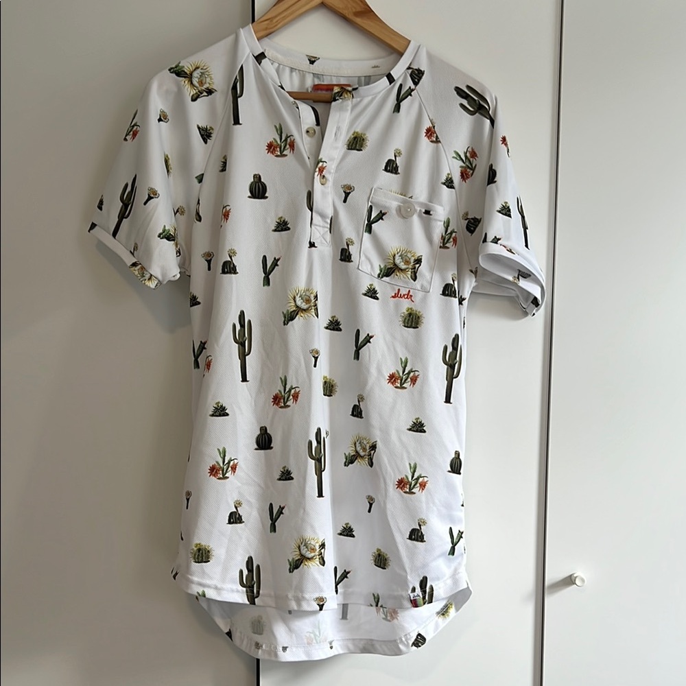 White Cactus Print Henley Shirt